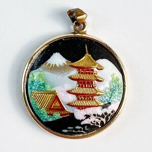 Vintage Toshikane Japan Round Porcelain Pendant Mt Fuji Pagoda Cherry Blossom